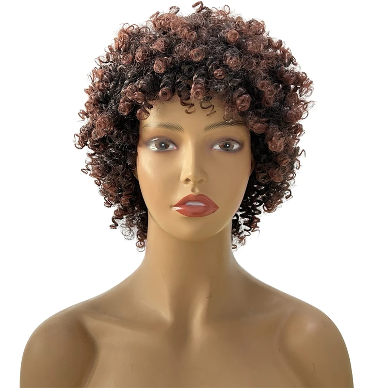 Pelucas sintéticas cortas Afro rizadas con flequillo para mujeres negras, Color Natural marrón, fibra de 12 pulgadas, calor, uso diario para fiestas