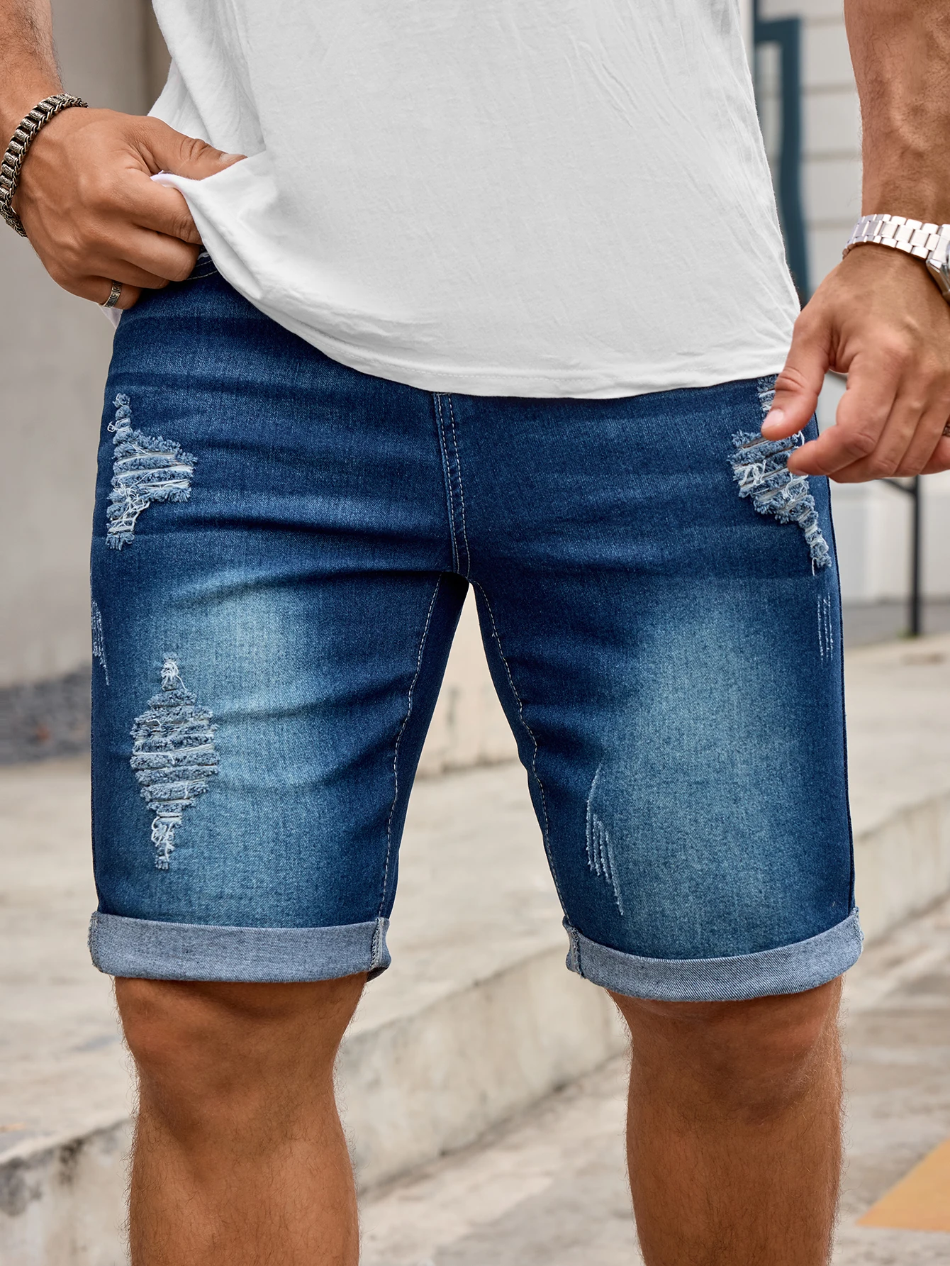 Men Denim Trousers Jeans Shorts Pants, Ripped Hole Rolled Hem Mid Waist Stretch Slim Fit Streetwear Casual Pants view 4