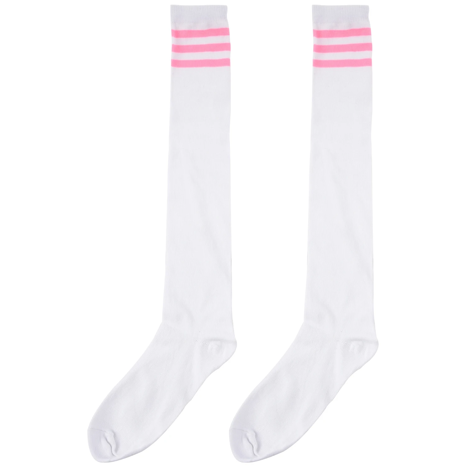 1pair Womens Athlete Thin Stripes Solid Thigh Highs Tights over Knee Socks White W Pink