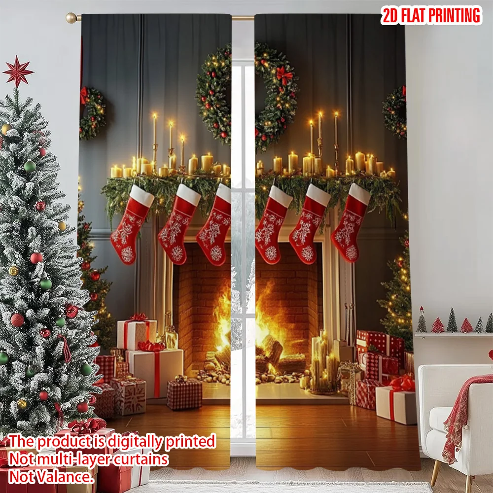 

2pcs 2D flat printing Merry Christmas Popular Window Curtains Warm romantic Christmas fireplace Polyester Without Electricity