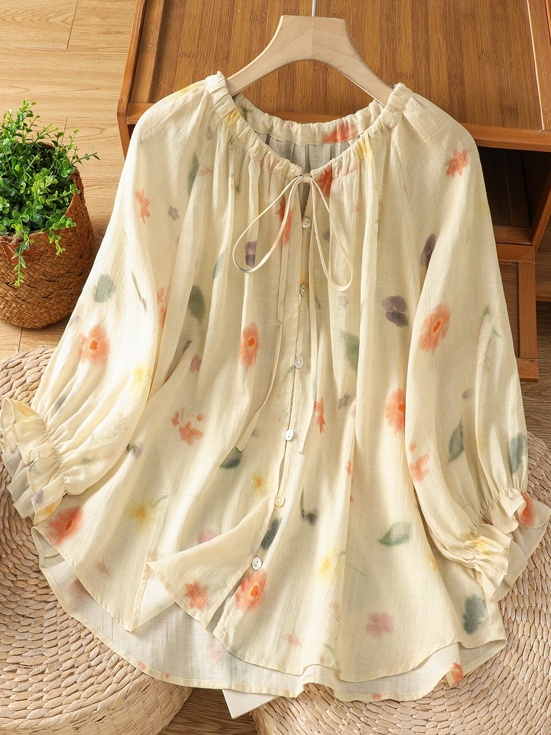 

Retro adient Dyeing Floral Pleated irt Women's Commute V-ne Tie Svel Loose Fit Regular Length Print Casual irt