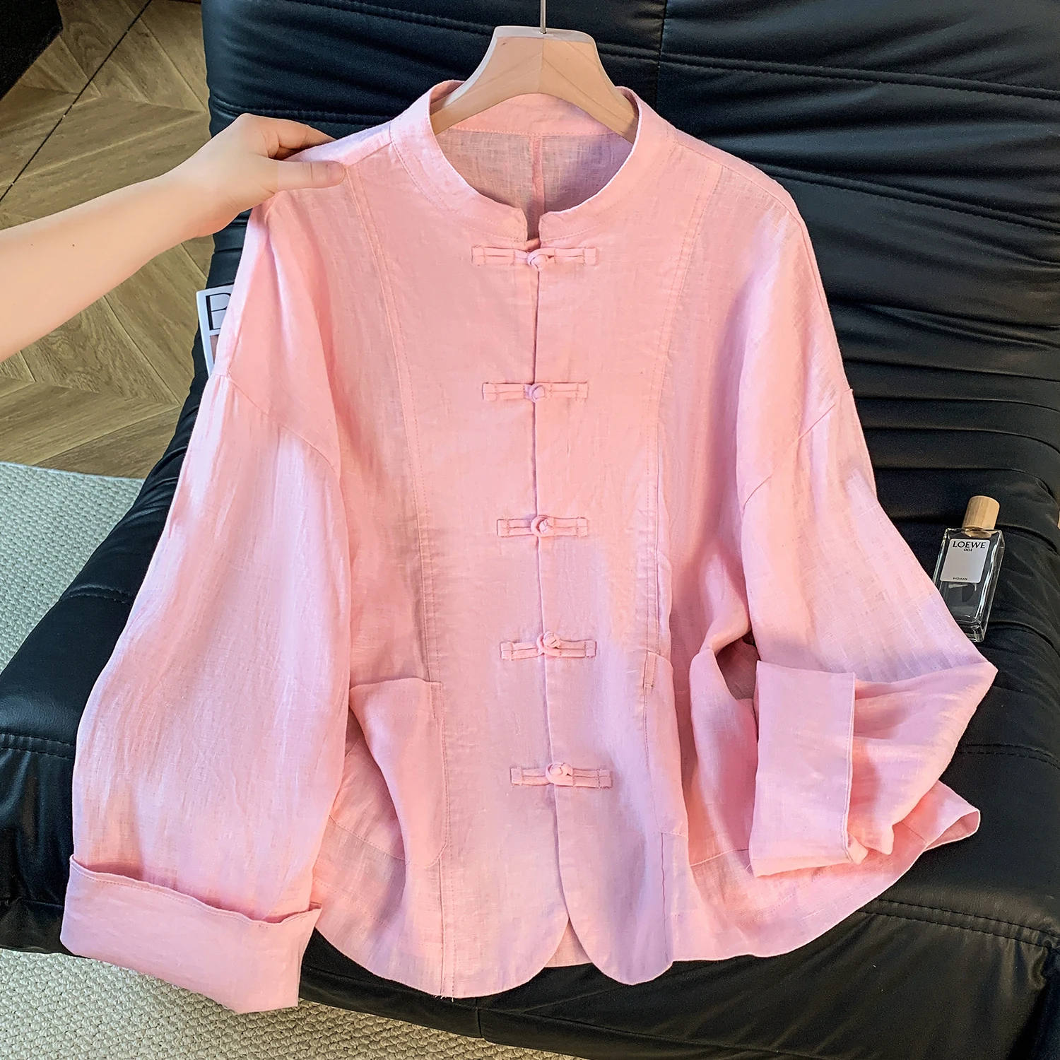 

New Chinese Sle Pink Linen Jaet Ele High End Unique Beautiful National Sle Button up irt Cotton Linen Blend Long ...