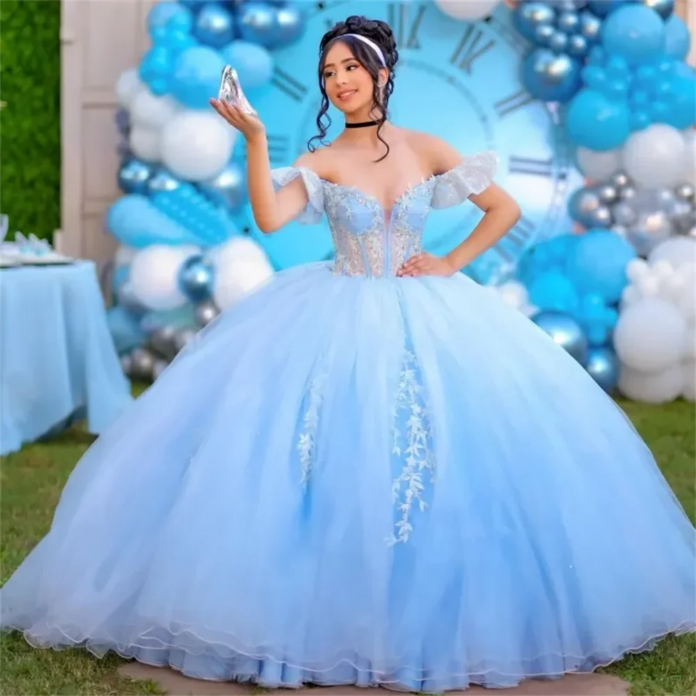 Vestidos elegantes de quinceañera azul cielo con cuello en V y hombros descubiertos, apliques de encaje con cuentas, vestido Formal de princesa, vestidos de 15 años