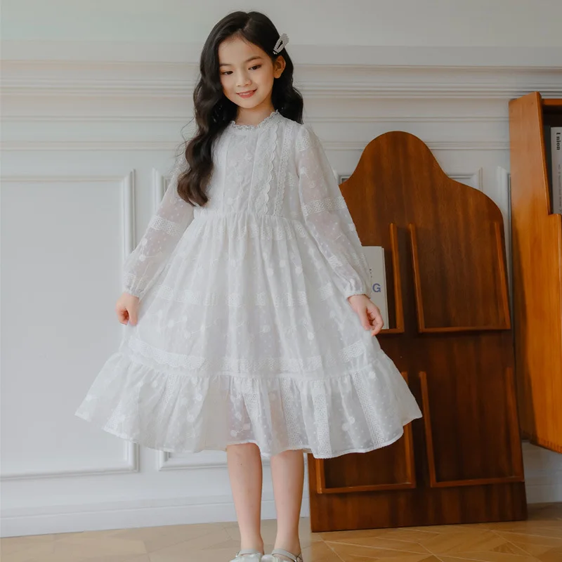 White Embroidery Toddler Girl Dresses Cute Long Sleeve Knee Length Princess Dress for Girls Lace Kids Clothes 2023 Autumn