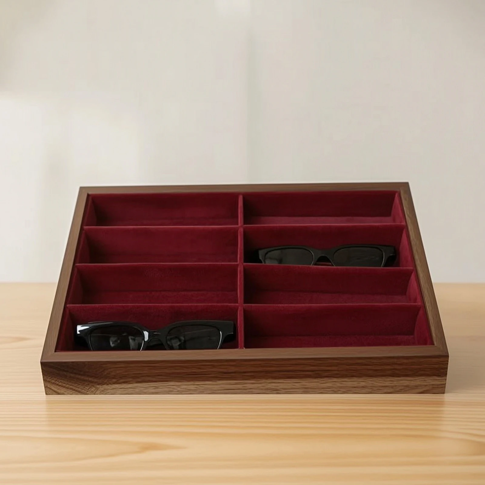 Organizador De Gafas De Sol Protector Eyewear Organizer Sunglass Display Case Lined Compartment Tray with Wood-Grain Frame