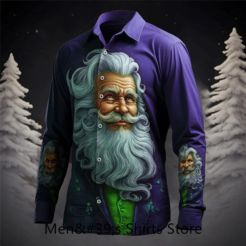 Santa Claus casual men's shirt for daily wear going out autumn and winter lapel long sleeve purple, green, burgundy