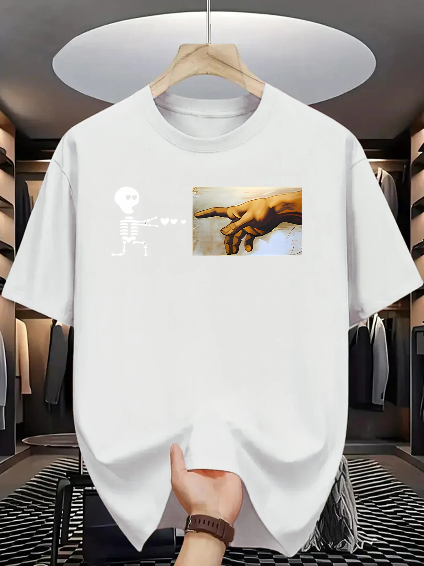 Skeleton Send Heart Mens Crew Neck T Shirt The Creation Of Adam Hand Art Graphic Short Sleeve Tee Casual Male Street Tops