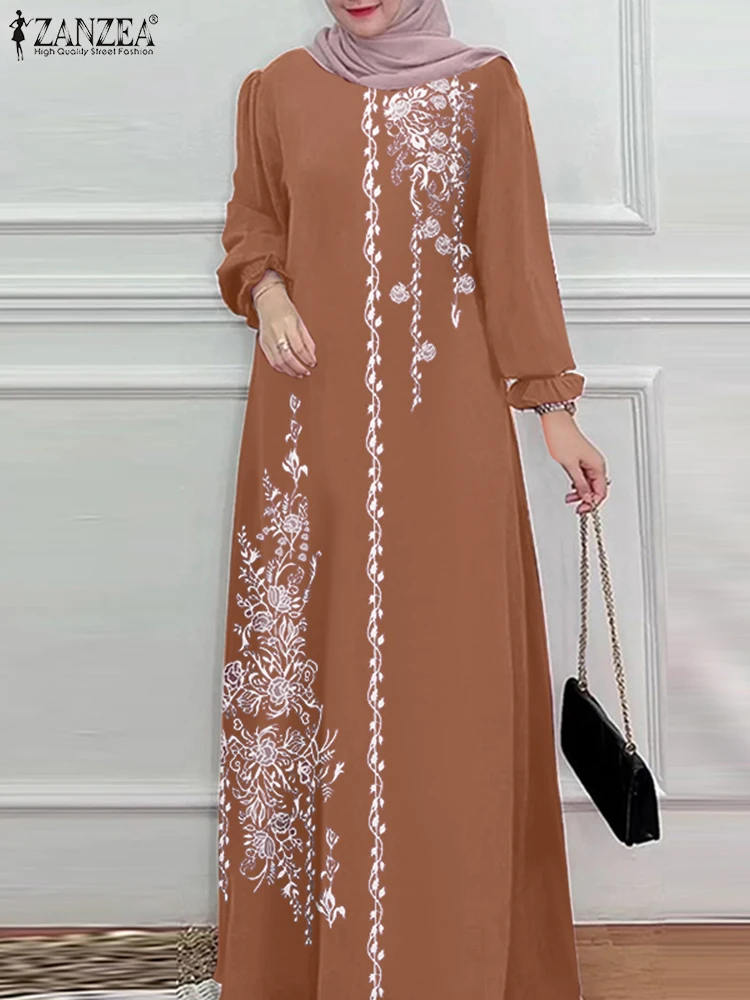 ZANZEA-Robe Longue Vintage pour Femme Musulmane, Abaya, Hijab, Bohème, Imprimé Floral, Dubaï, Turquie, Automne 2025