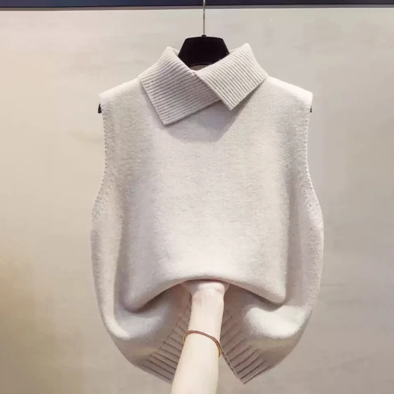 *Autumn Winter Korean Solid Color Lapel Sleeveless Versatile Casual Knitted Vest For Women