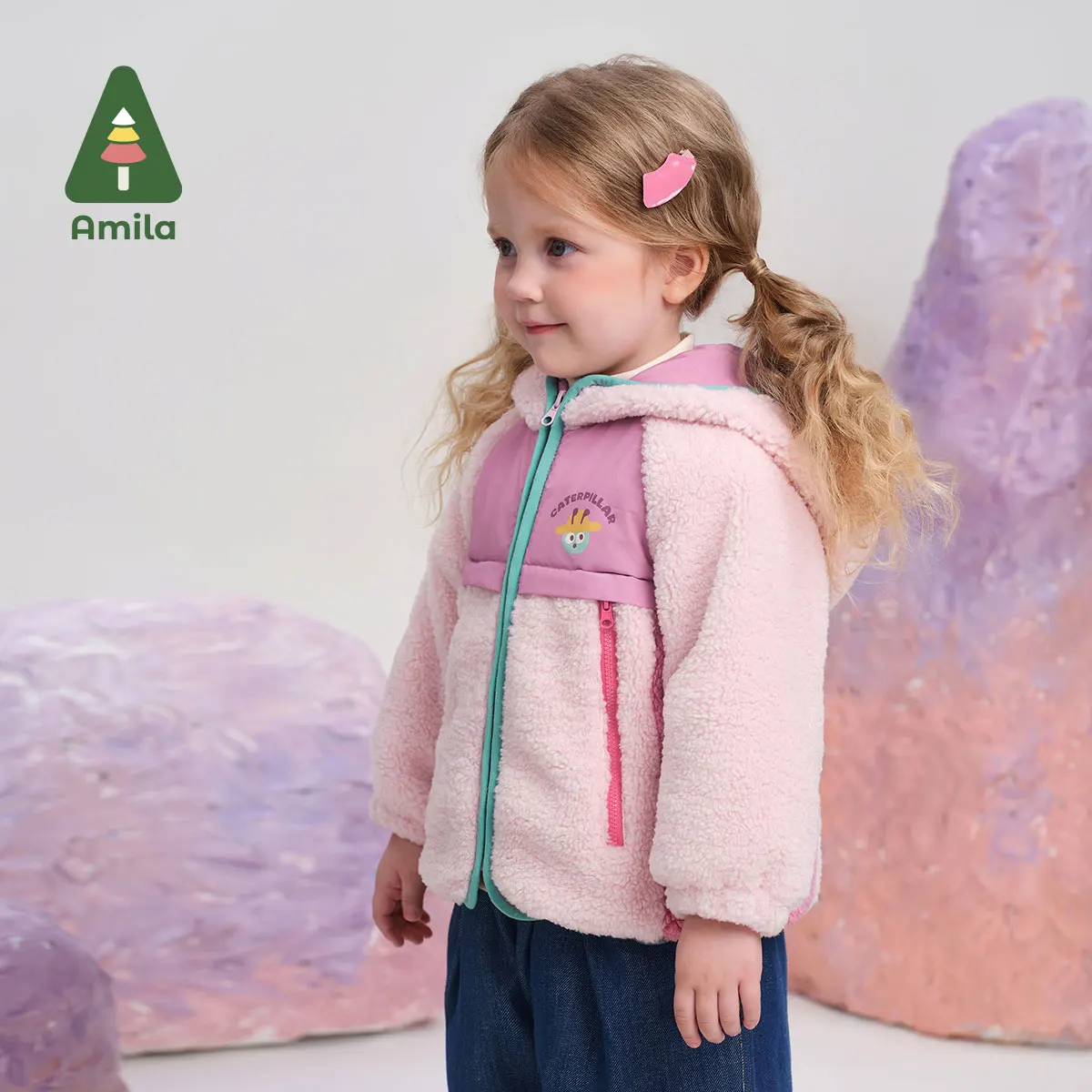 Amila Baby Cardigan 2024 Winter New High Quality Boys And Girls Polar Fleece Contrast Color Hooded Warm Loose Children‘s Jacket