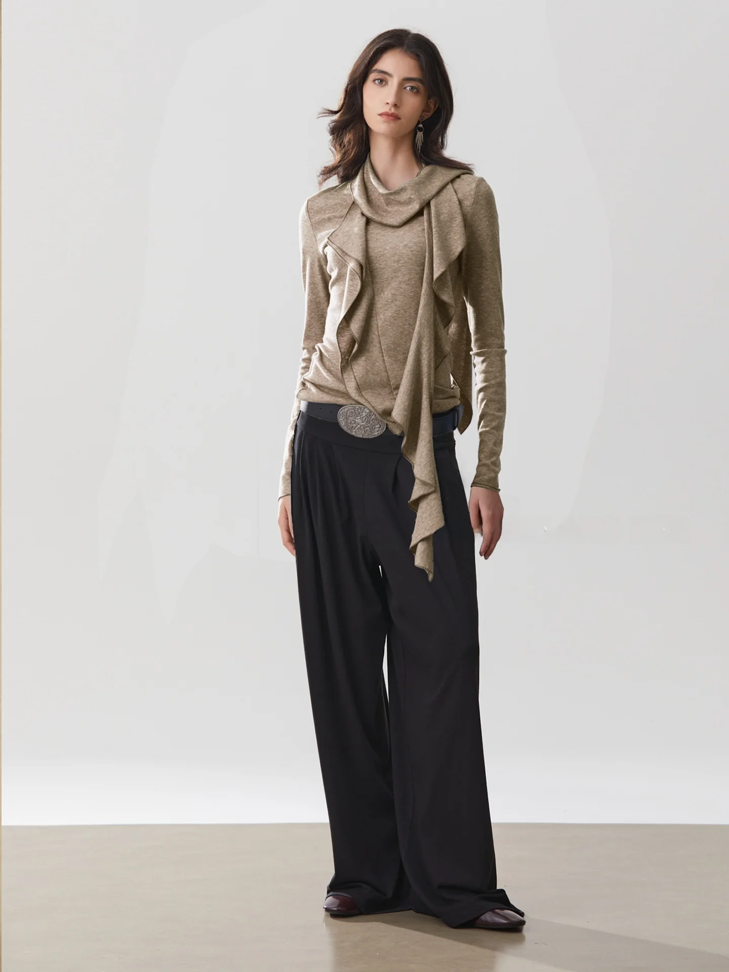 

You Me And Her Original Design Wool Blend Knitted Sweater with Sa Scarf Sle Spring Autumn Slimming Women's Top