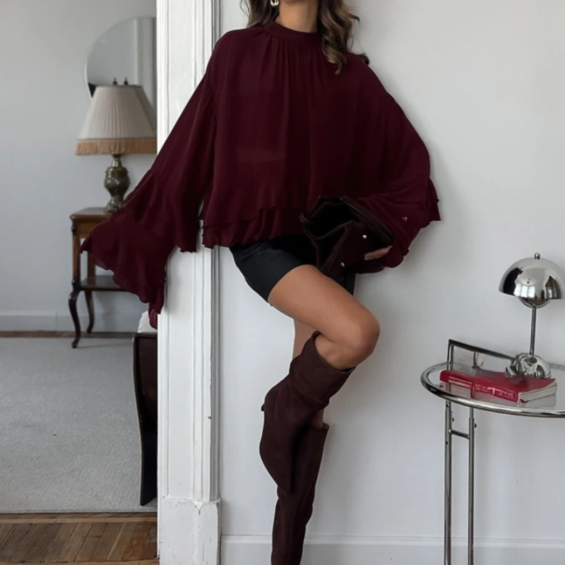 Süßes braunes Chiffon-Stehkragen-Plissee-Hemd mit ausgestellten Ärmeln für Damen für Frühling und Sommer. Neu im modischen Temperament-Top