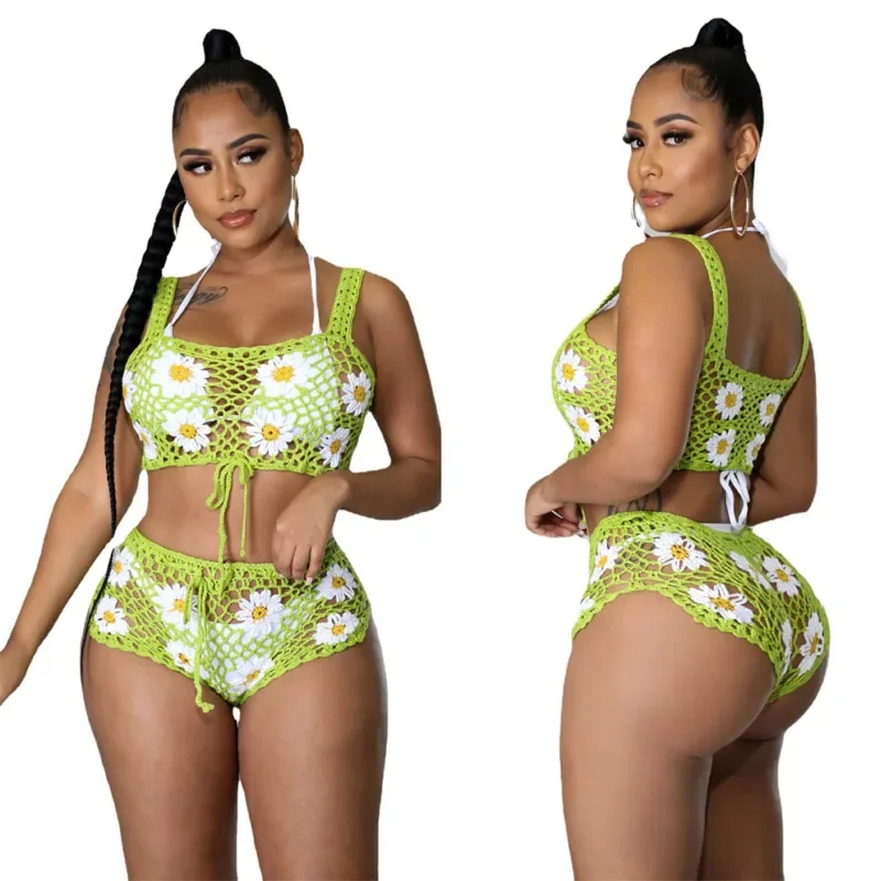 

Sexy Beach Wear Women Bikini Cover Up Daisy Crochet Swimwear Woman Sling Top Shorts Set Backless Knit Shorts Womans Cover-up