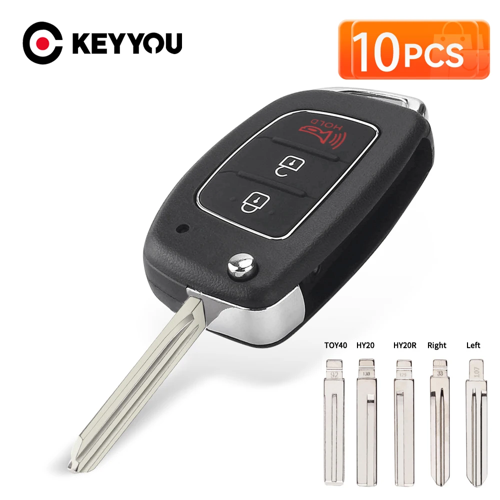 

KEYYOU 10 шт. 3-кнопочные складные чехлы для автомобильных ключей-пультов для Hyundai HB20, IX35, I45, SANTA FE, Accent, I40, I20 с необработанным лезвием ключа