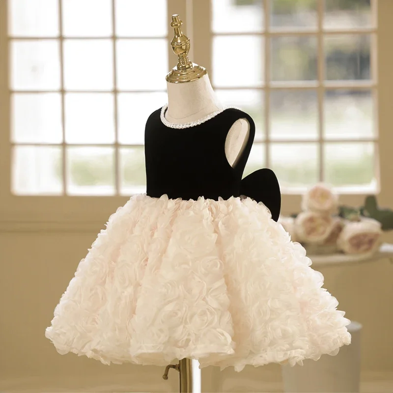 

Flower Girl Black Pink Dresses for Christening Birthday Party Short Evening Gowns Child Cute Princess Pageant Luxury Tulle Dress