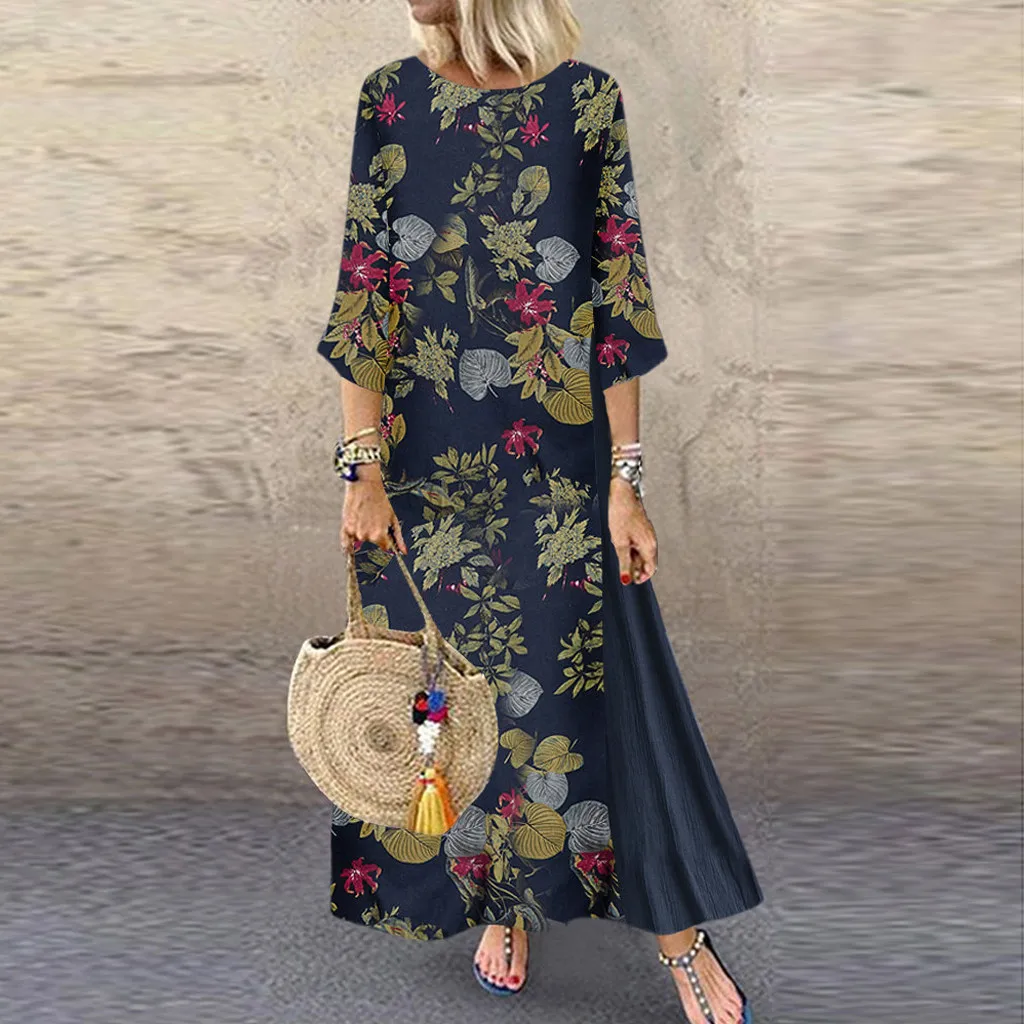 Dames Bohemien Stijl Lange Jurk Ramee Katoenen Print Patchwork Lange Rok Ronde Hals Lange Mouw Losse Comfortabele Casual Jurk