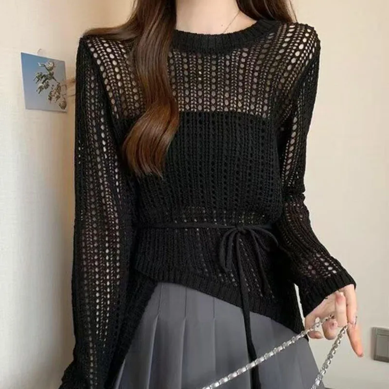 Summer New Hollow Long-Sleeved Sweater Women's Thin Waist Slim Sunscreen Blouse Irregular Loose Top