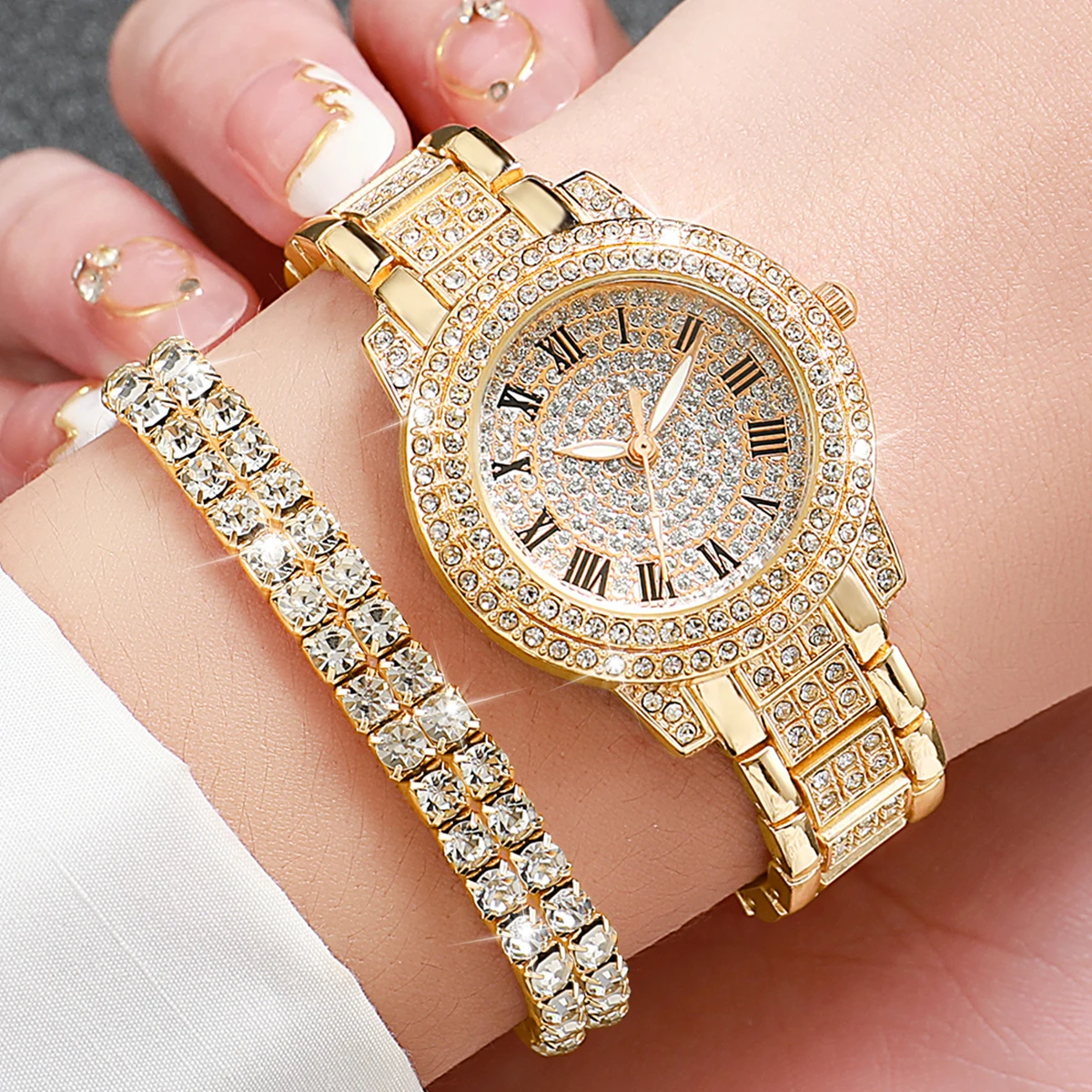 6PCS/Set Fashion Full Diamond Women\'s Watch Gold Steel Band Quartz Watches Diamond Jewelry Set（Without Box）