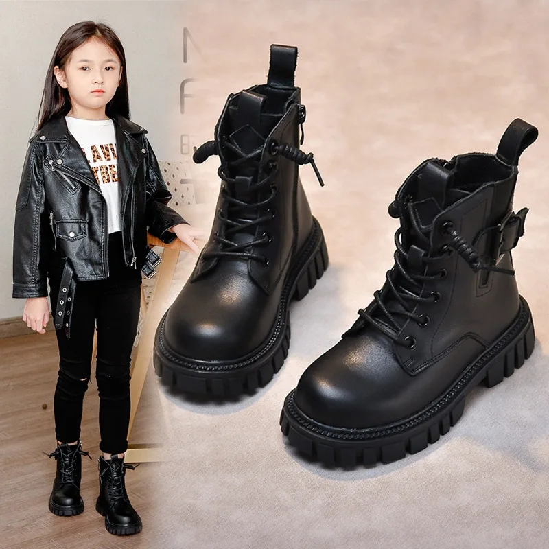 

2025 British Style Kids Leather Ankle Boots, Fleece-Lined Black Girls Riding Boots, Fashion Winter Boots for Toddler Girls