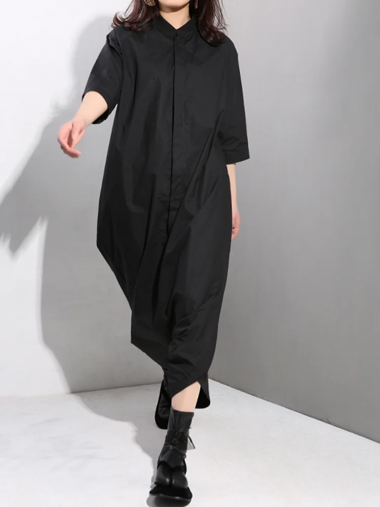 [EAM] Loose Fit Women Black Wide Leg Long Jumpsuit New High Waist Pocket Stitch Pants Fashion Tide Spring Autumn 2024 YA11601