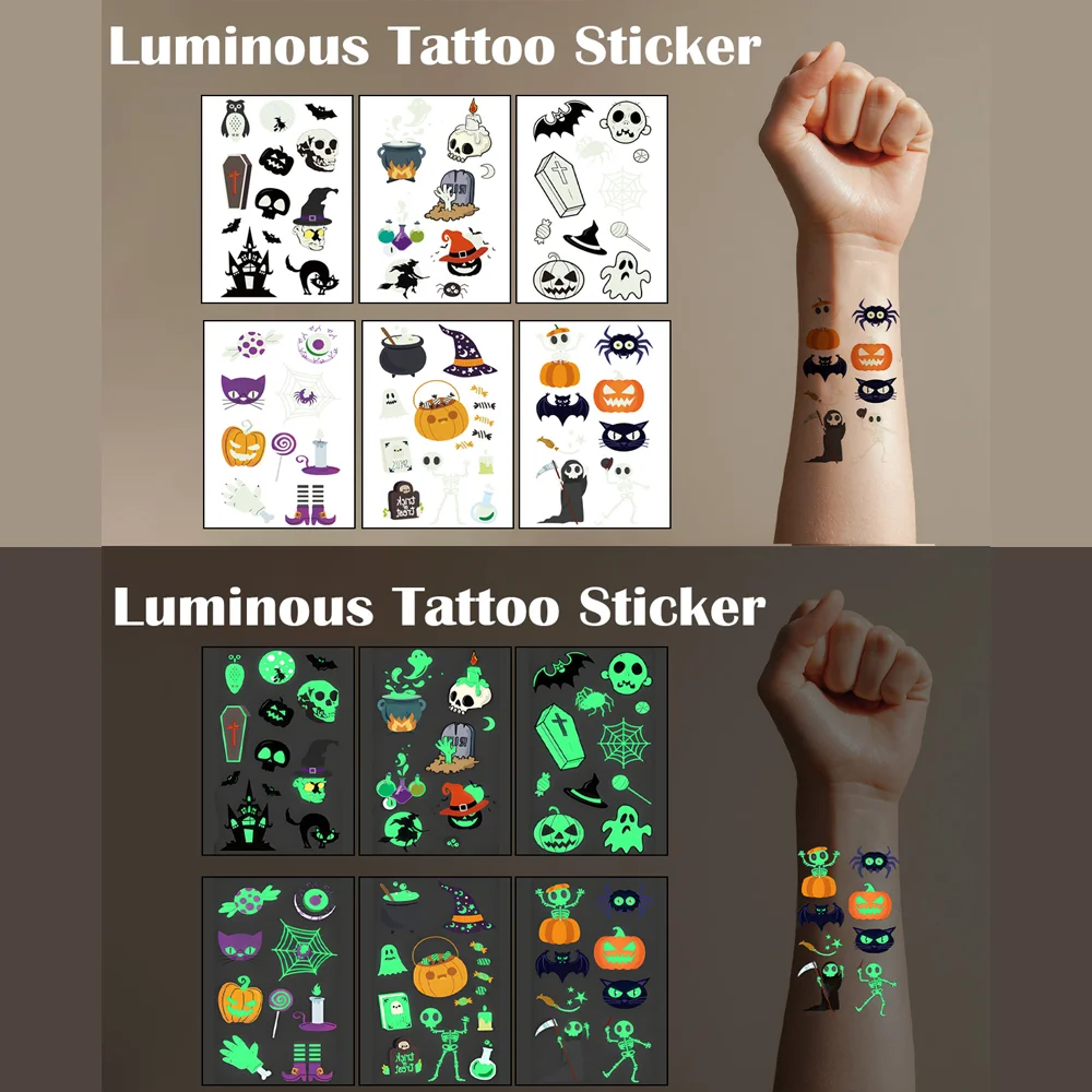 

Halloween glowing tattoo horror glowing face body stickers 6 sheets, ghost spider web costume party supplies