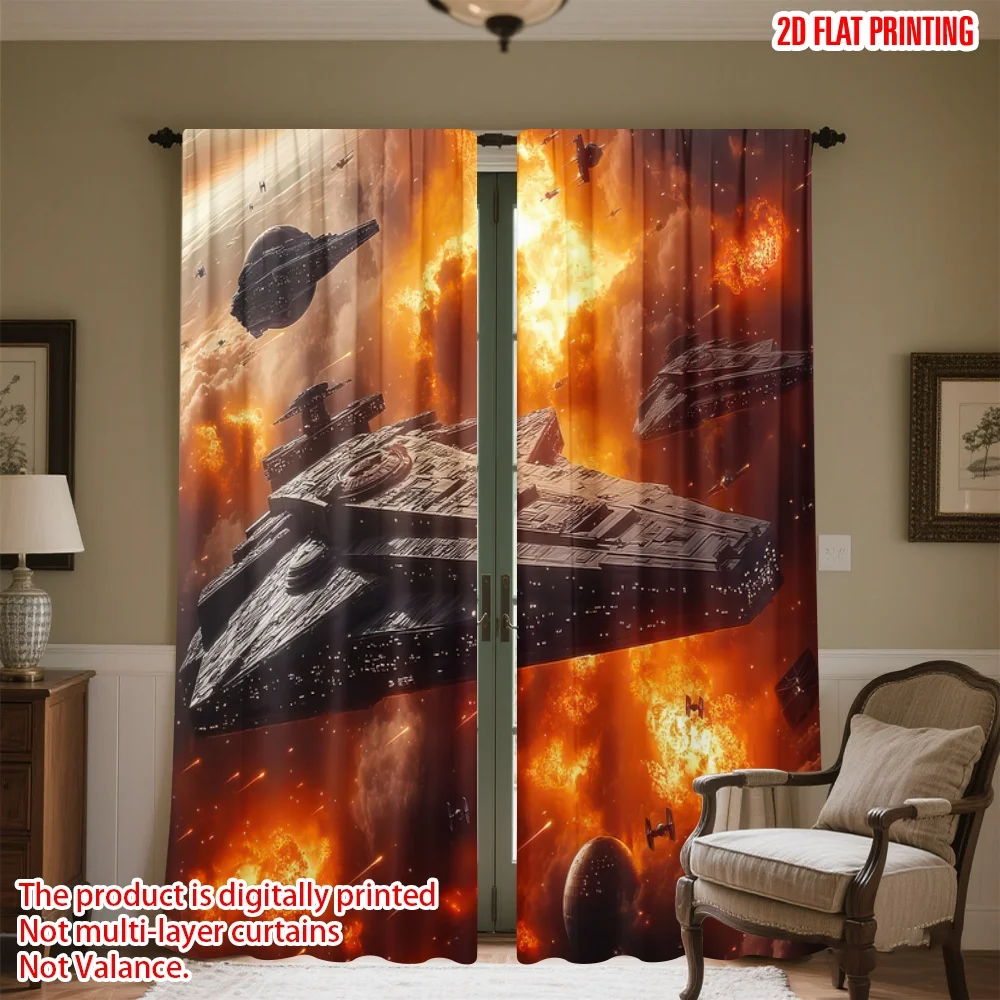

2D flat printing 2pcs Window Treatment Curtains Spaceships Amidst Cosmic Explosions Digital Printed Polyester Drapes Festive