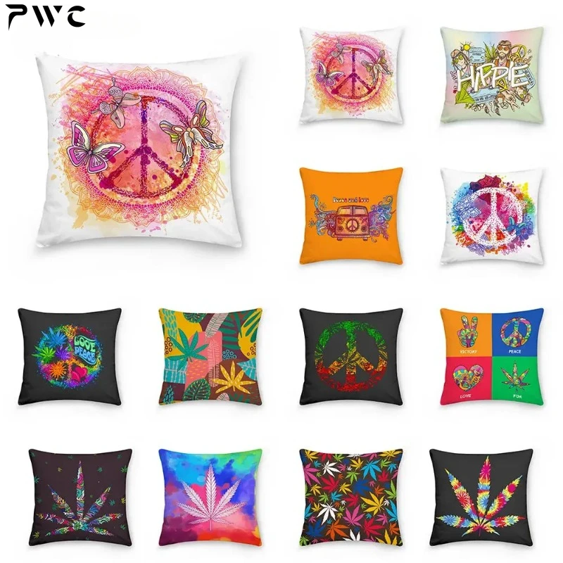 

Hippie Pattern Peace and Love Leavs Decorative Cushions Pillowcase Polyester Cushion Cover Throw Pillow Sofa Decor Pillowcover