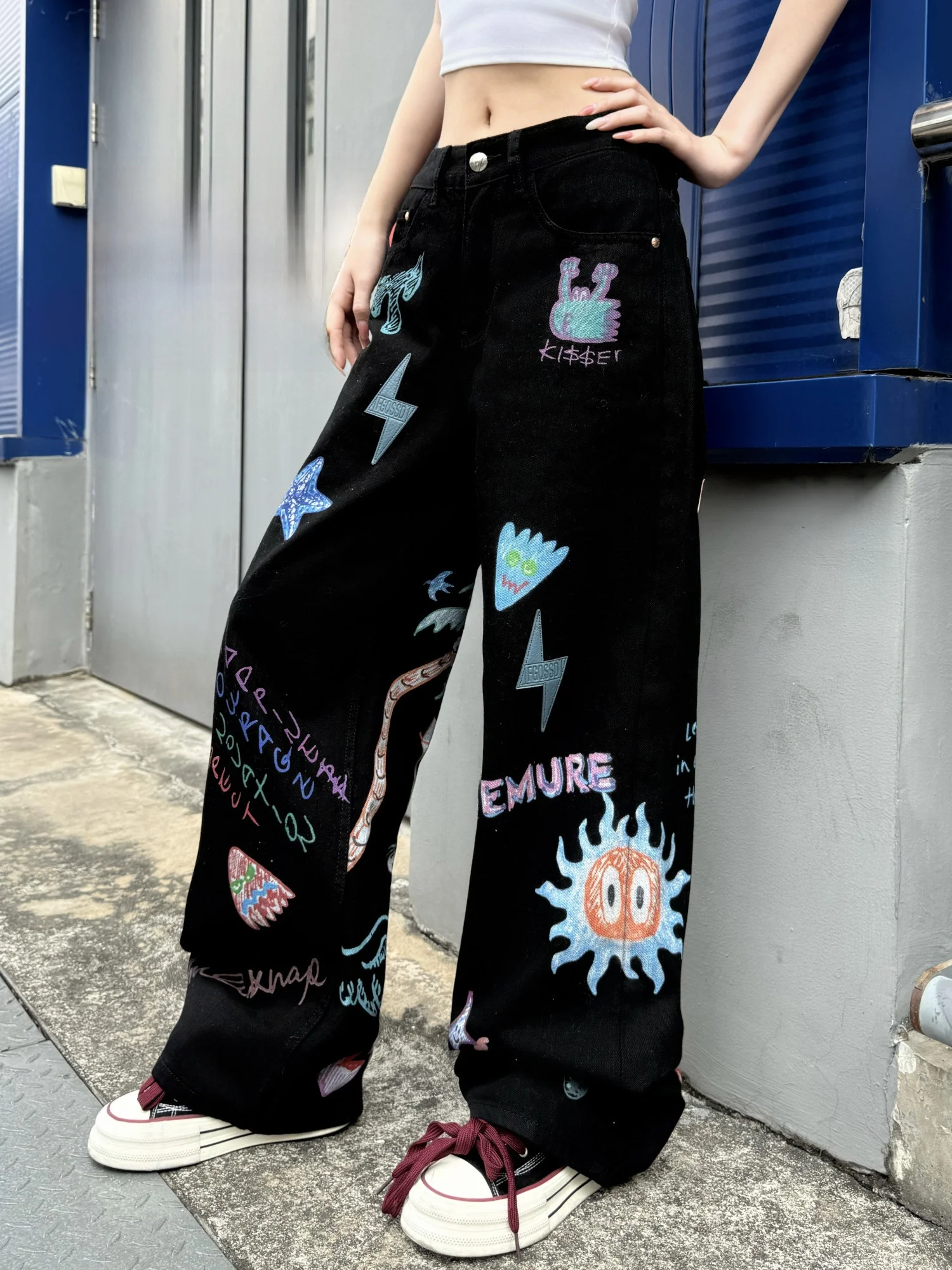 

Fun Print fiti Lightning Jeans Men's Summer Street Wide Leg Trendy Pants Faionable Casual Cotton Denim Straight Leg Jeans