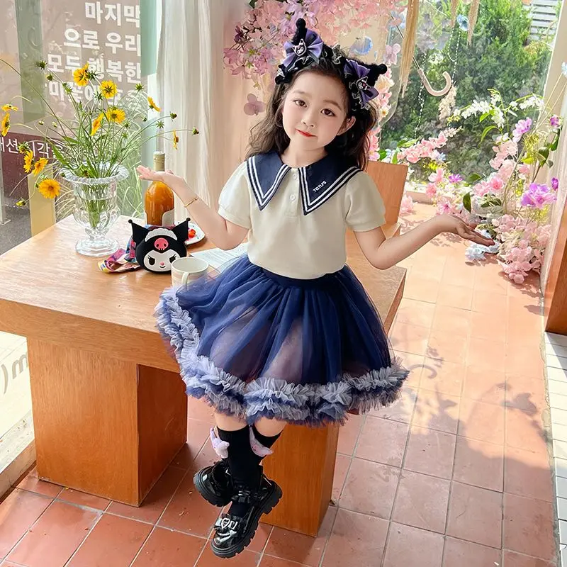 Girls Jk Suit Cartoon Kuromi Children Short Sleeve Pleated Skirt Two Piece Set Summer Preppy Style Uniform Suit Fashion Dress