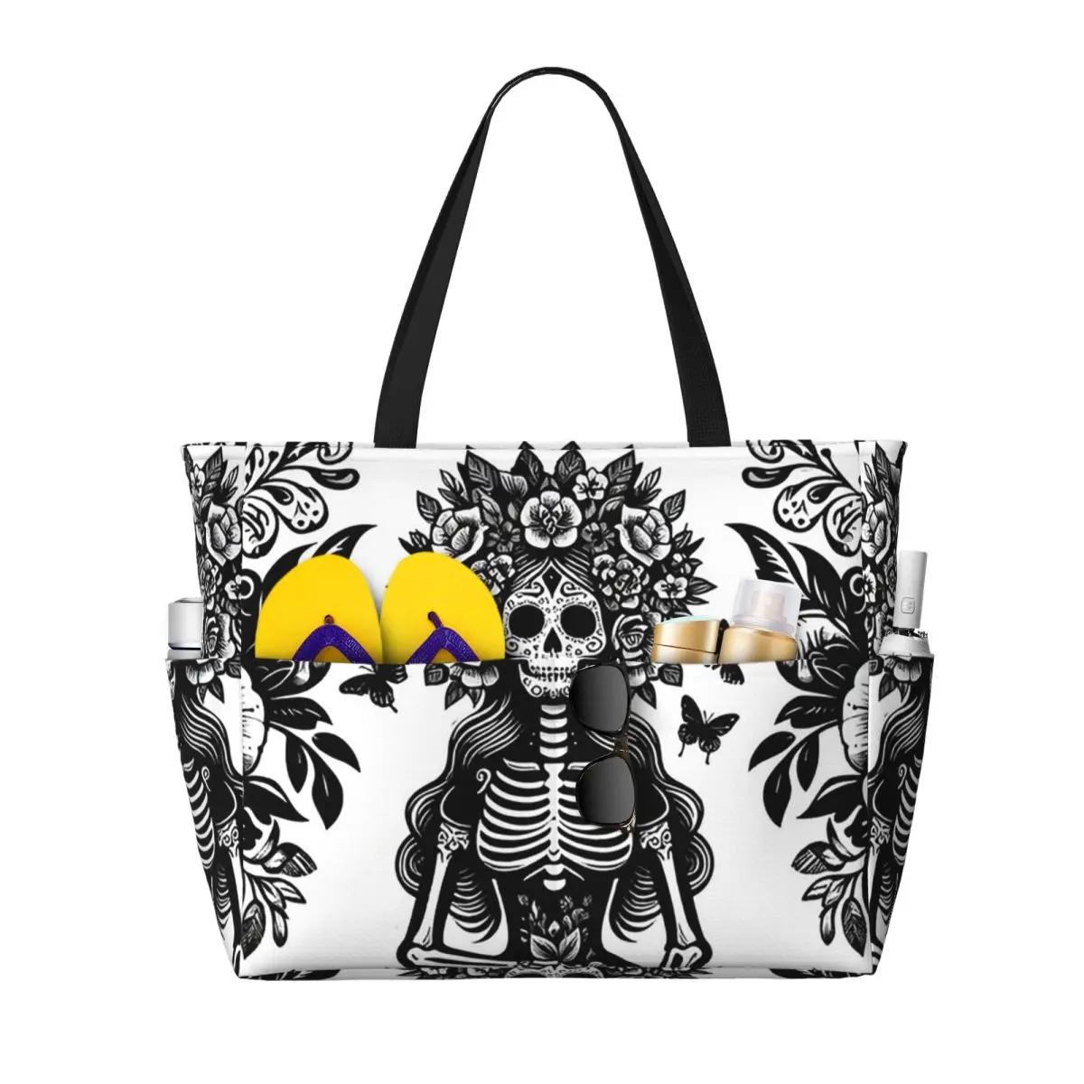 Mexican Catrina Girl Day Of The Dead Sugar Skull Beach Tote Bag Sport Gym Yoga Duffle Large Women Travel Bag Fitness bag