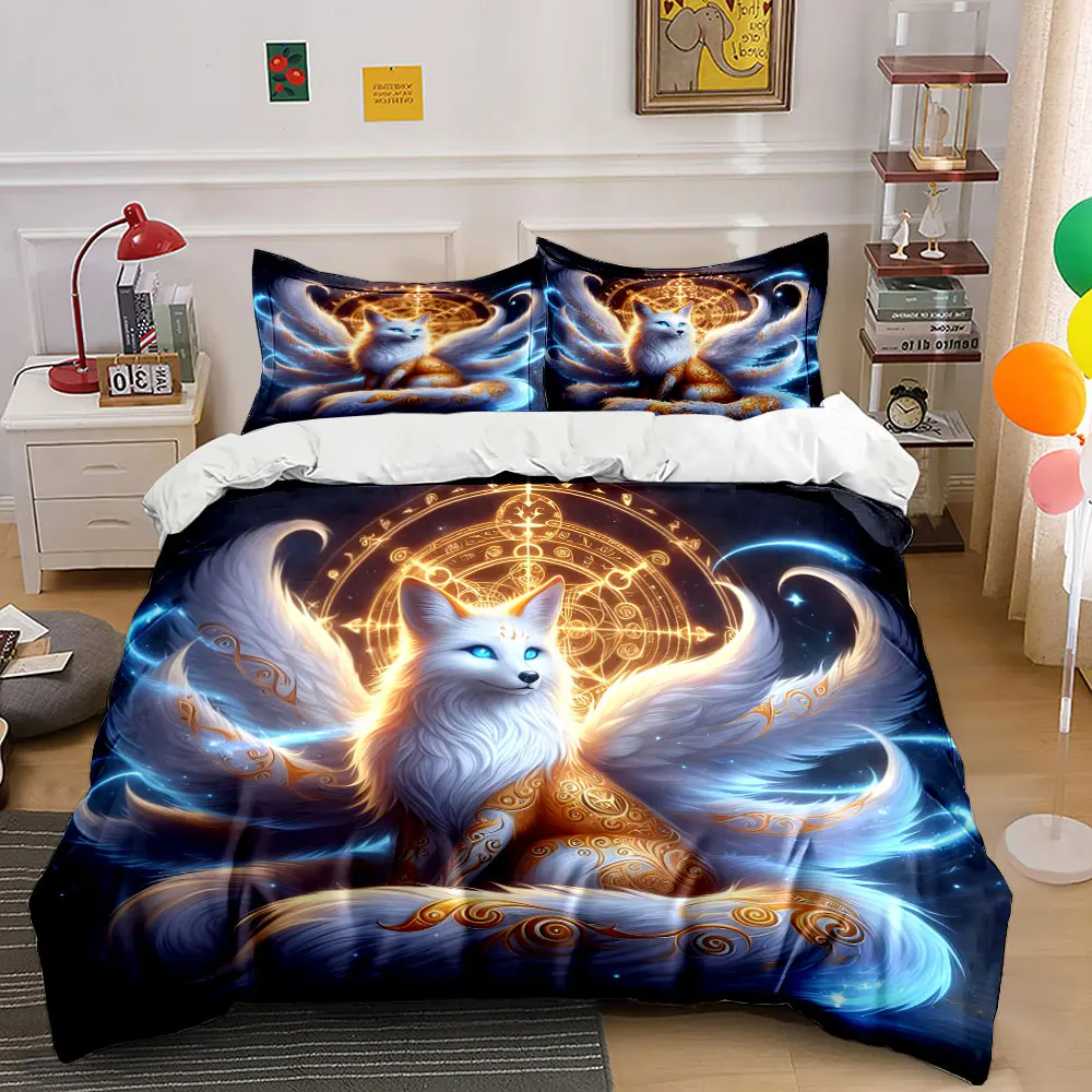 Mystical Nine-Tailed Fox and Magic Circle Print Bedding Set 1 Duvet Cover 2 Pillowcases for Adult and Children Luxury Gift