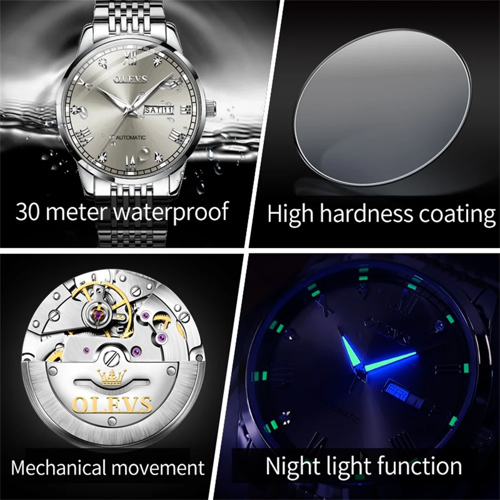 OLEVS Original Watch for Men Automatic Mechanical Male Wristwatches Calendar Stainless Steel Waterproof Luminous Watch Man NEW