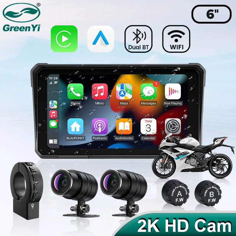 GreenYi 6'' Wireless Apple Carplay 2K HD Motorcycle DVR GPS Track Navigation Android Auto IP68 Waterproof Camera Portable Device