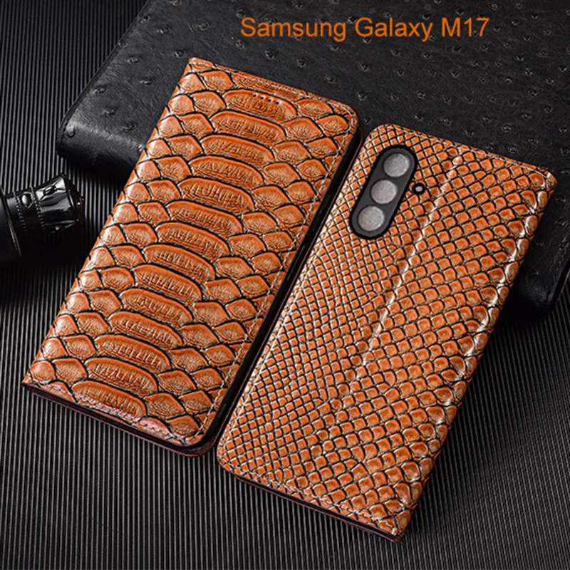 

Genuine Leather Flip Case For Samsung Galaxy M07 M17 Phone CoverCard Cases Python Pattern Handmade