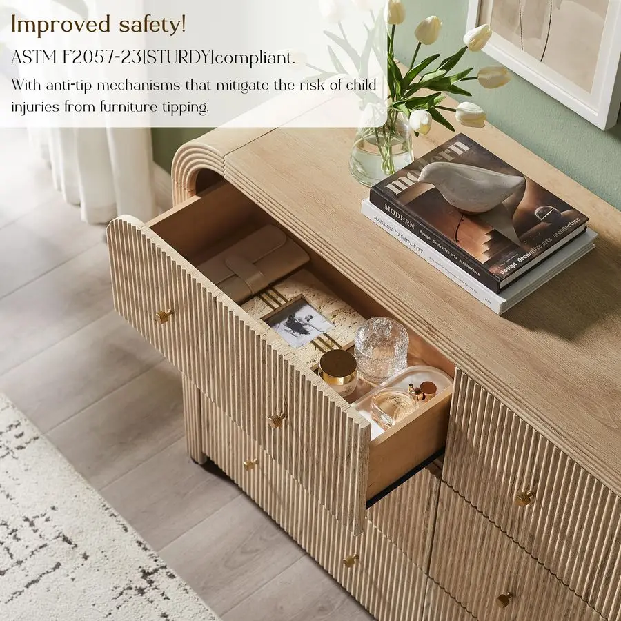 Fluted 6 Drawers Dresser for Bedroom, 54 Wide Modern Chest of Drawers with Thickened Curved Profile Design, Wood Dressers TV St