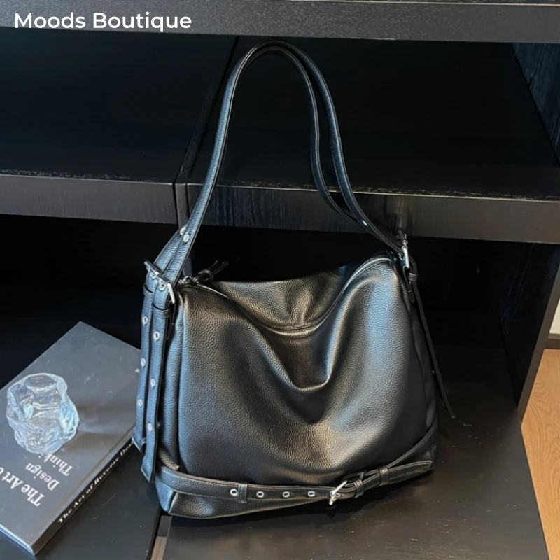 

MOODS Retro Shoulder Hobo Bags For Women Soft Vegan Leather Pure Color Big Capacity Shopping Totes 2025 Luxury Designer Handbags