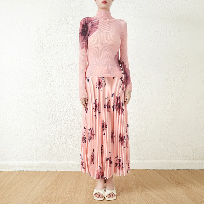 2025 Summer Women's Printed Pleated 2 Piece Set - Long Sleeve Shirt and Pleated Skirt