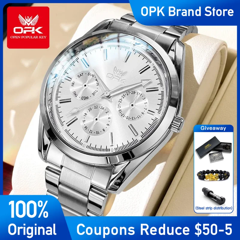 

OPK Mens Watch Original Brand Quartz Watch Stainless steel Waterproof Luminous Dual calendar Three Small Dial Watches For Men