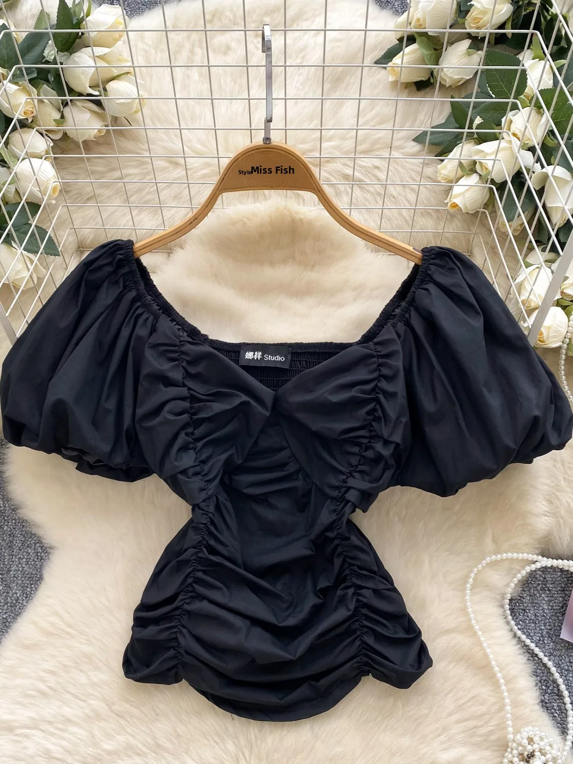 Chic bulle Sve irt femmes été ort pur désir Sexy vent oule une épaule plié manchette coréenne Sle coupe ample