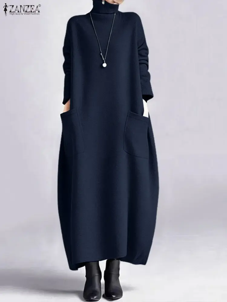 ZANZEA Fashion Sweatshirt Dress Women Casual Turtleneck Long Sleeve Solid A-Line Midi Dresses for Woman FW 2025 Cozy Warm Robes - Image 4