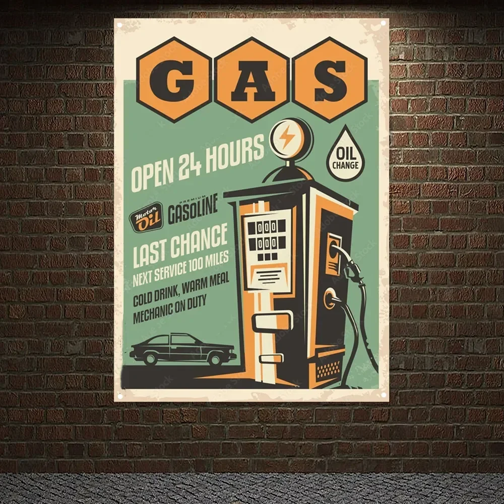 Gas Station OPEN 24 HOURS Vintage CAR SERVICE Poster Flag Auto Repair Shop Wall Decor Banner Wall Painting Tapestry For Garage