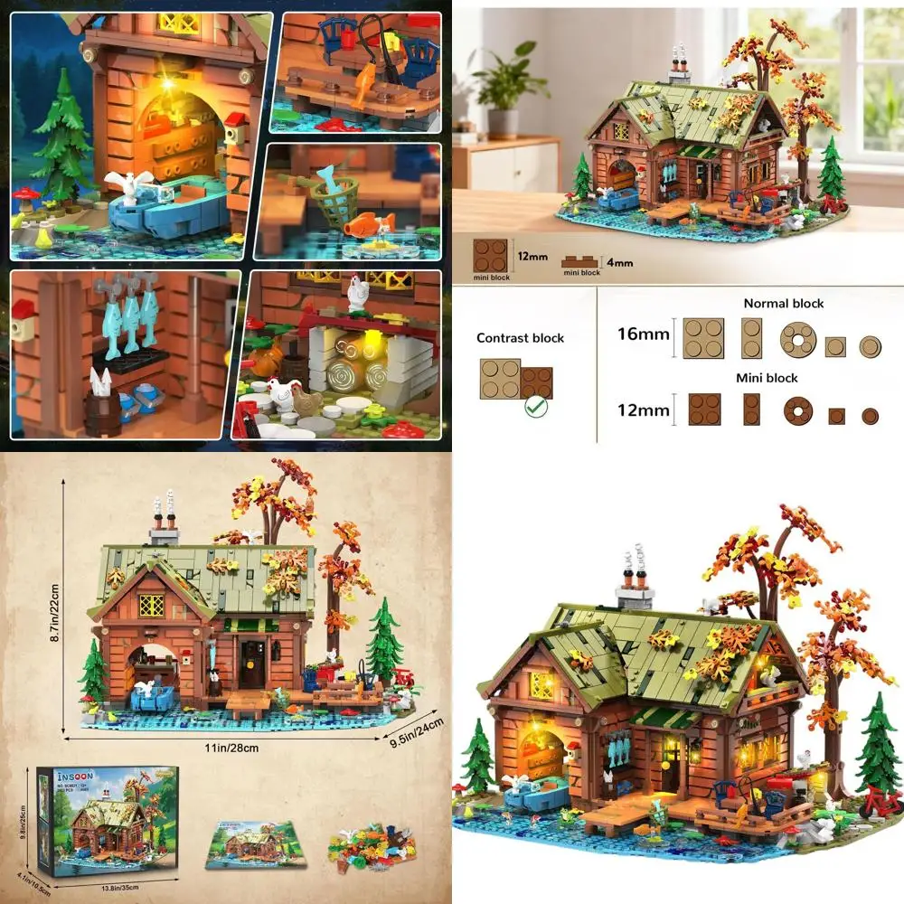 Set da costruzione per cabina in legno illuminato, 2423 pezzi, blocchi per case della foresta con barca, bici, animali, kit albero per età superiore ai 12 anni