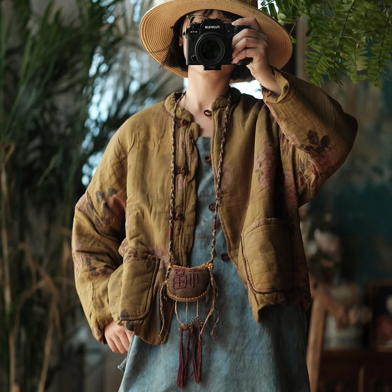 

Женские повседневные пальто из 100% хлопка, Новое поступление, осень 2025 года, винтажные женские базовые толстые куртки в китайском стиле с цветочным принтом M2028