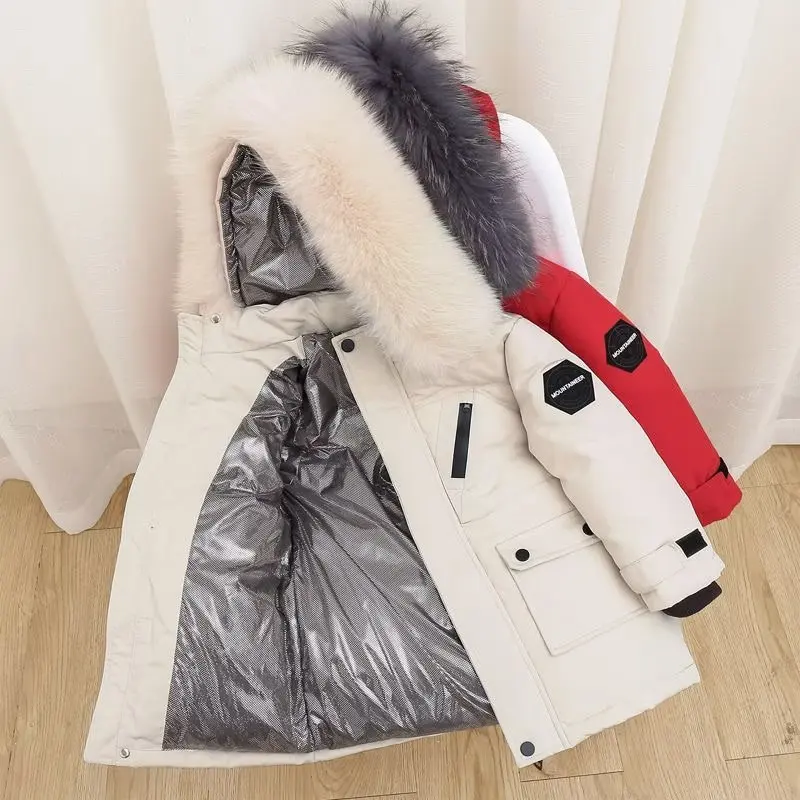 

New -30 Boys Faux Fur hooded Down Jacket winter Thick Warm Outerwear Boys Kids Parka Winter snowsuit Teenage 10 12 14 years