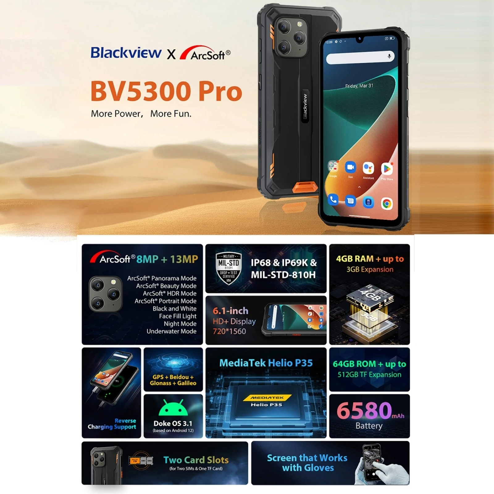 Blackview BV5300 Pro Rugged Phone 4GB+64GB 6580mAh 6.1 inch Android 12 MTK6765 Helio P35 Octa Core 4G OTG NFC Smartphone