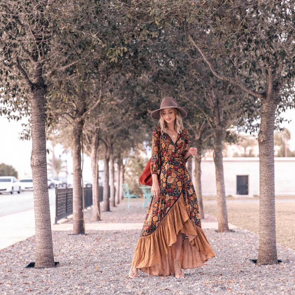 Vestiti Autunnali Donna In Dress V-neck Long-sleeved Hem Pleated Retro Print Vacation Versatile Ropa Mujer Kleider Damen Herbst