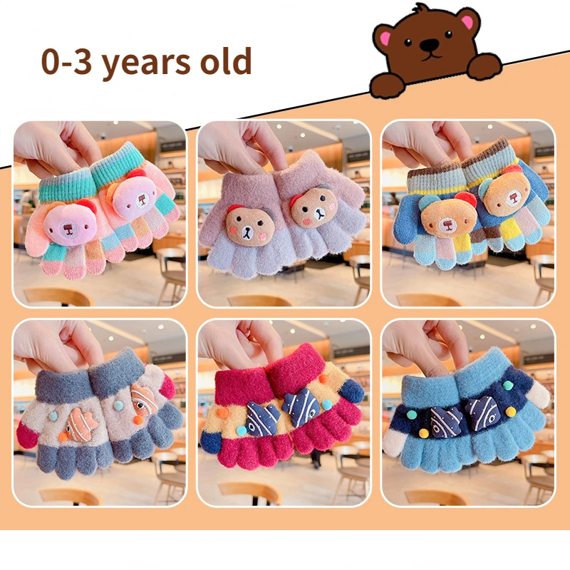 0-3 Years Old Winter Baby Girls Cute Soft Knitting Cartoon Five Finger Gloves Children Lovely Outdoor Warmth Gloves Kids Mitten