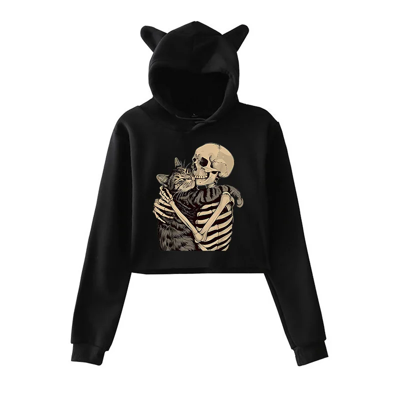 

Женские укороченные толстовки с принтом черепа и кошки на Хэллоуин, уличная одежда в стиле Харадзюку Y2k, всесезонные укороченные топы с кошачьими ушками, кофты, одежда
