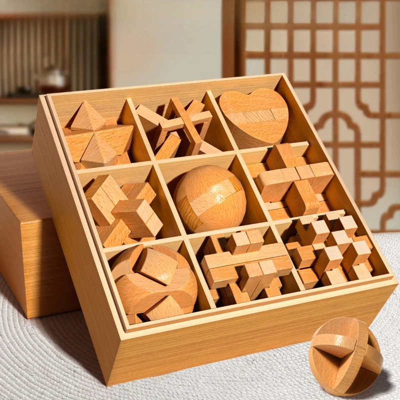 Wooden Interlocking Puzzle Lu Ban Lock IQ Brain Teaser Montessori 3D Puzzles Game Educational Unlock Toy Gift for Adults Teens