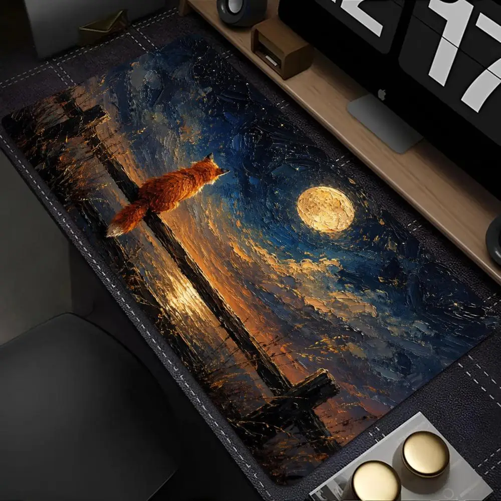 Cute Fox Large Mouse Pad Full Moon Starry Night Mountain Landscape Anime Art Desk Mat for Home Office Gaming Decor